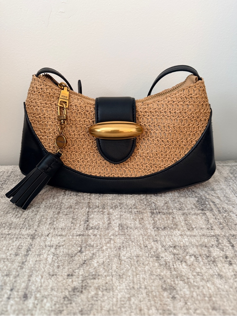 Steve Madden Black & Tan Raffia Woven Shoulder Bag Gold Hardware